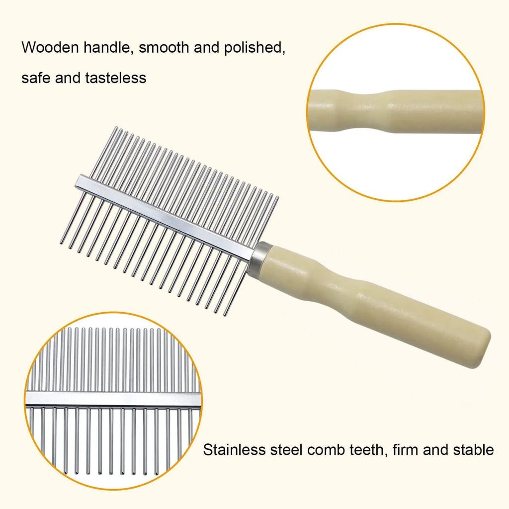 Wooden handle pet grooming comb for dogs and cats on a plain background.