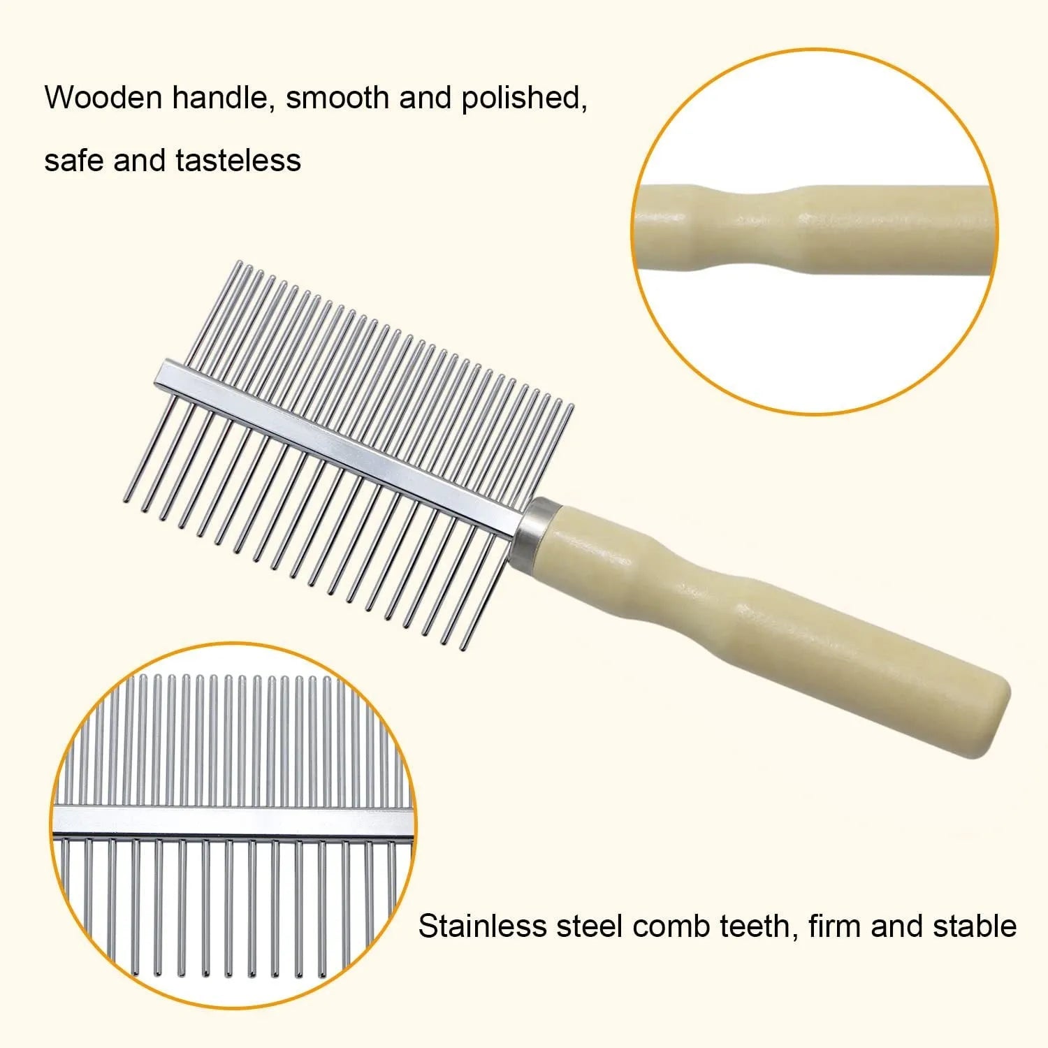 Wooden handle pet grooming comb for dogs and cats on a plain background.