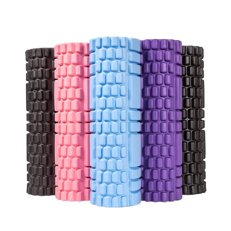 EVA foam roller for fitness in black, grey, pink, sky blue, or light purple, showing size options.