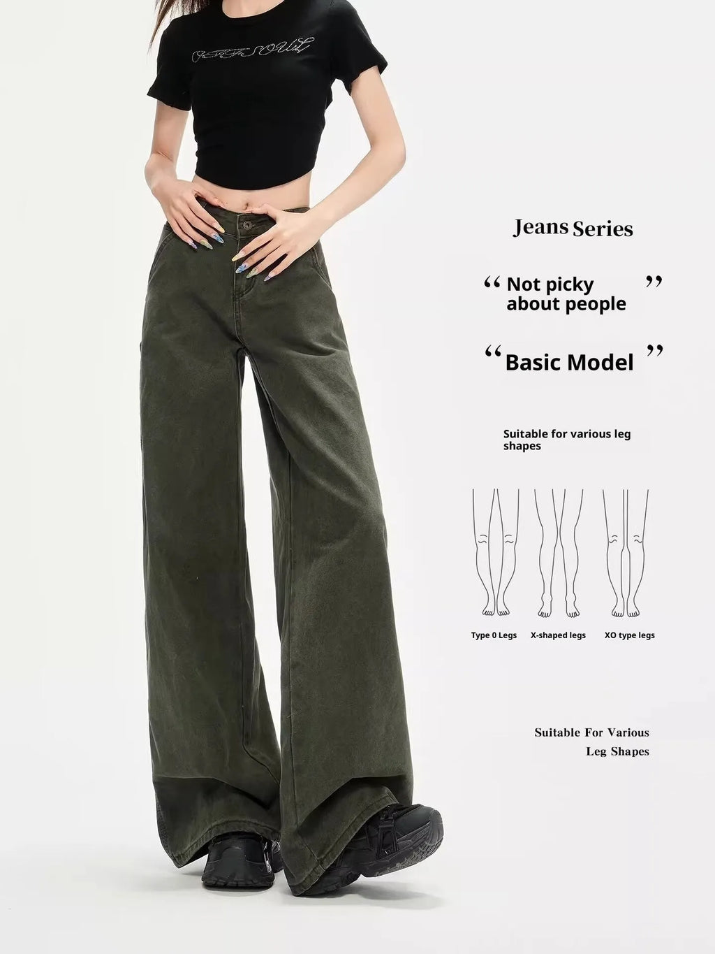 Women's army green loose straight-leg flared denim overalls with ultra-low-rise waist, casual summer style