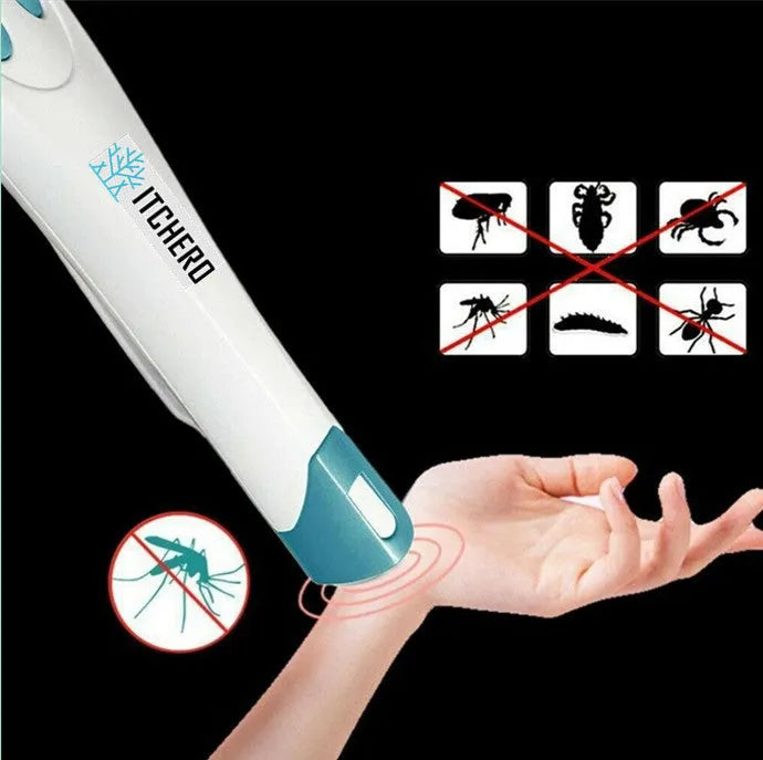 White and blue plastic antipruritic pen for mosquito bite relief in compact portable design