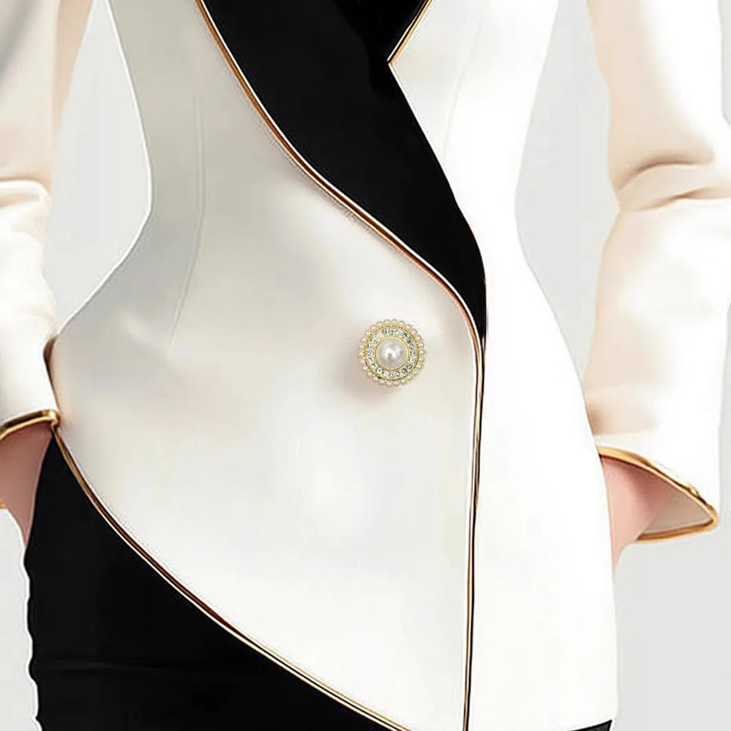Women's beige irregular trench coat with golden edge pearl buttons and long sleeves