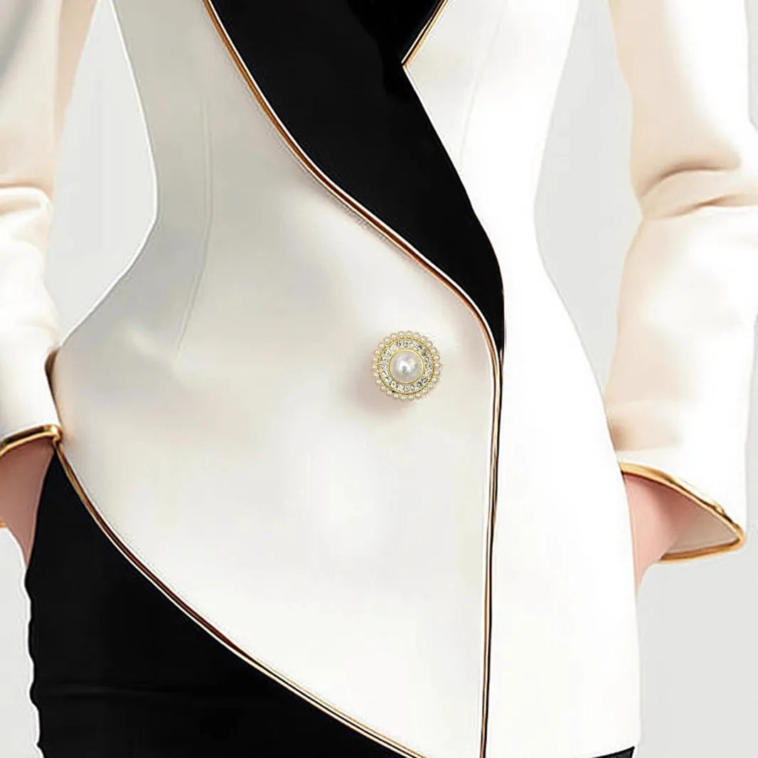 Women's beige irregular trench coat with golden edge pearl buttons and long sleeves
