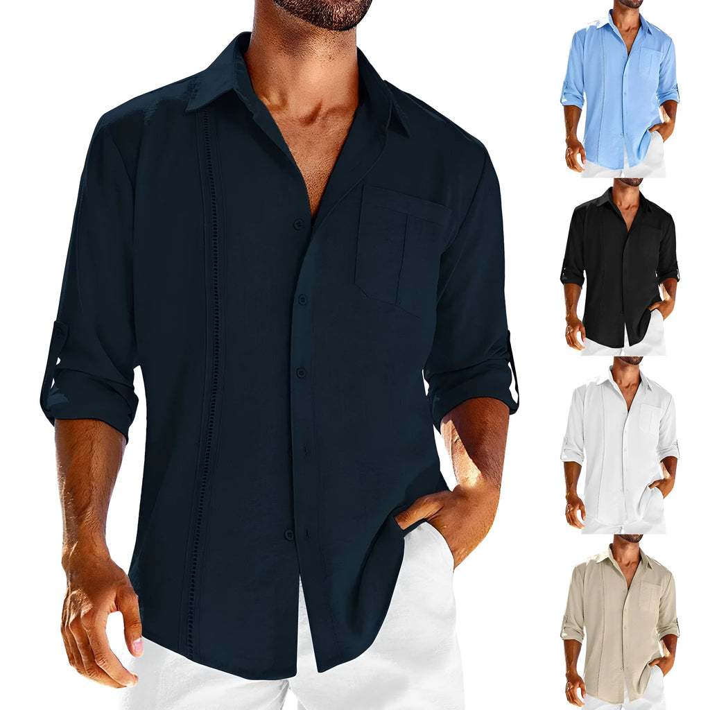A man's solid-colour long sleeve casual shirt with a polo collar, button front, and chest pocket.