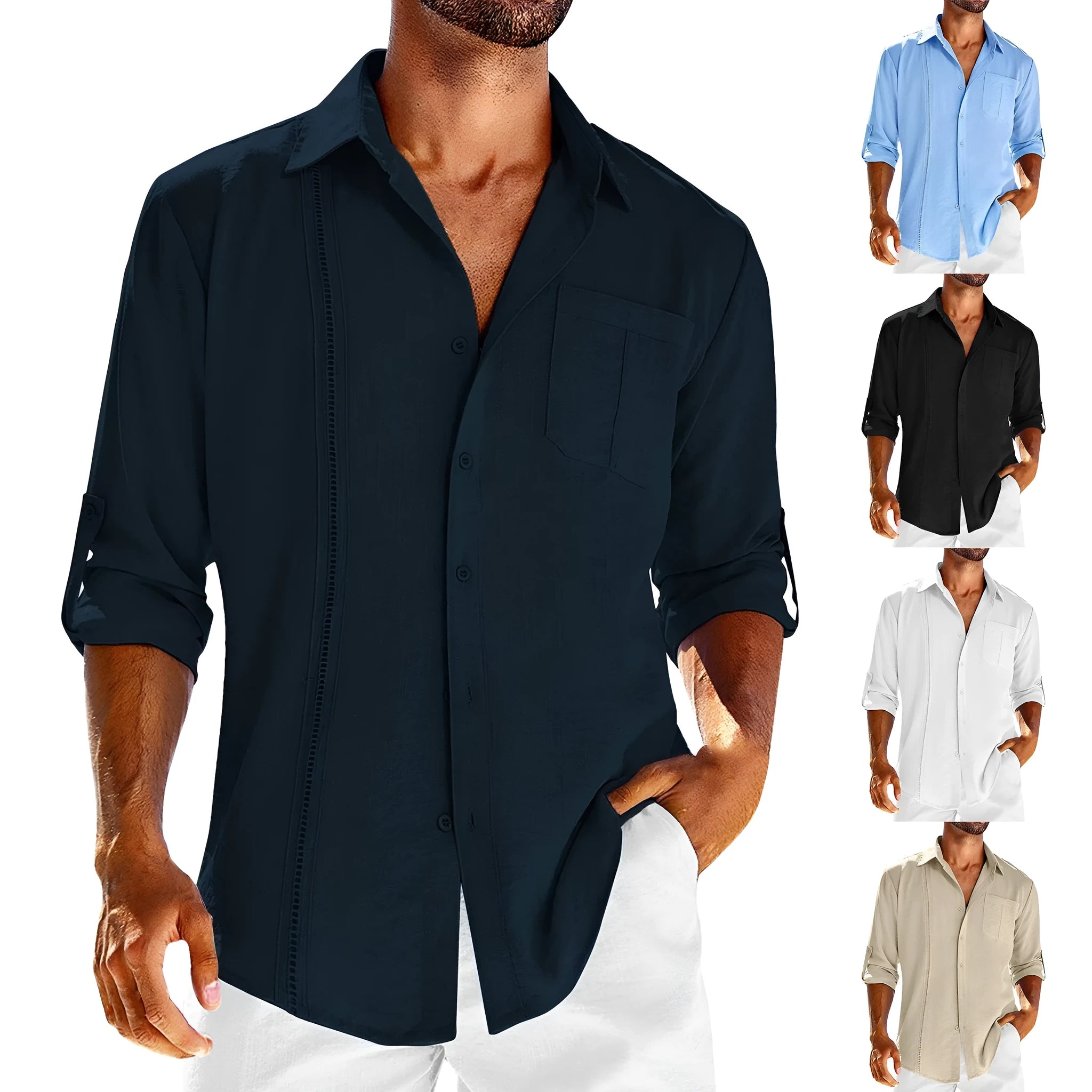 A man's solid-colour long sleeve casual shirt with a polo collar, button front, and chest pocket.
