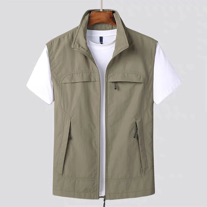 Multi-pocket waterproof hooded vest in stripe pattern available in khaki green black blue colours
