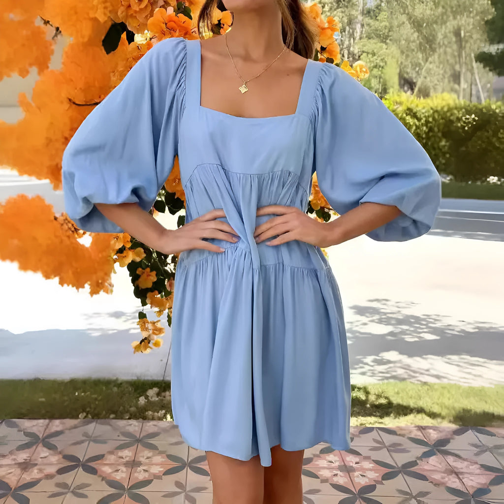 Children's orange backless pullover dress with square collar and puff sleeves, A-line skirt