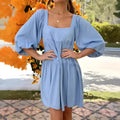 Children's orange backless pullover dress with square collar and puff sleeves, A-line skirt