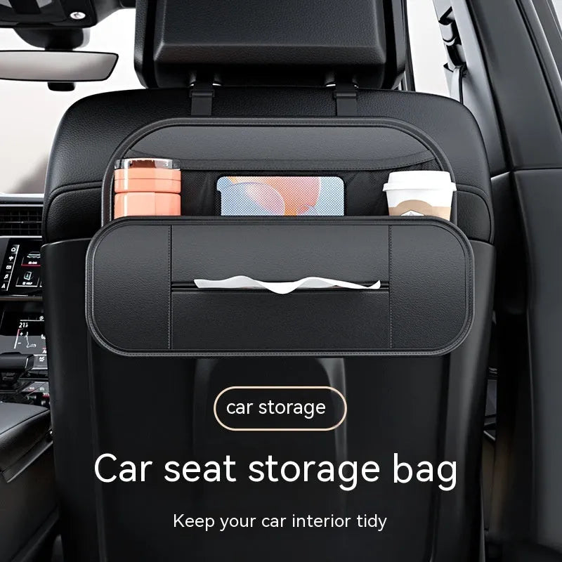 Black leather car seat back storage bag with adjustable straps measuring 36cm wide by 24cm high