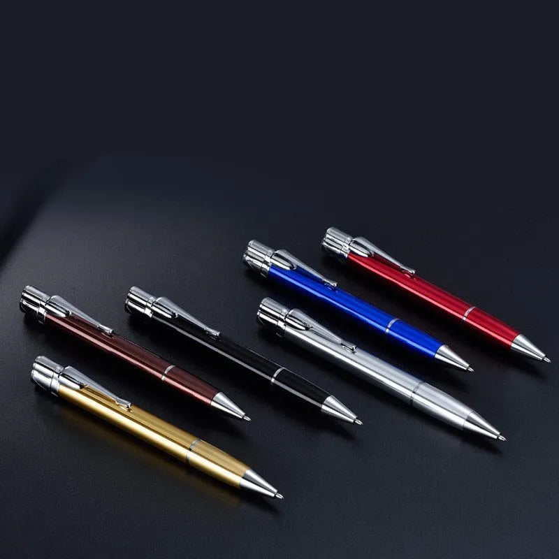 Silver metal windproof jet pen lighter with a blue flame, showing its slim 170mm design.