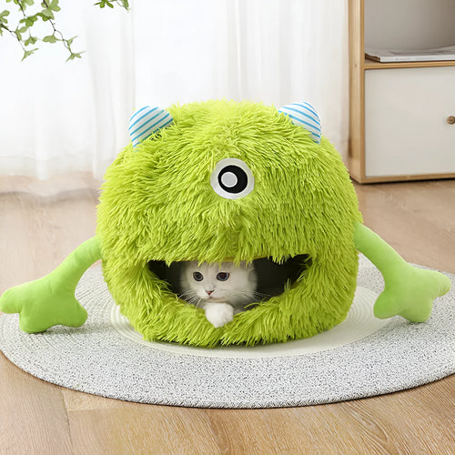 Fluffy round cat bed with plush material in three size options for indoor pets