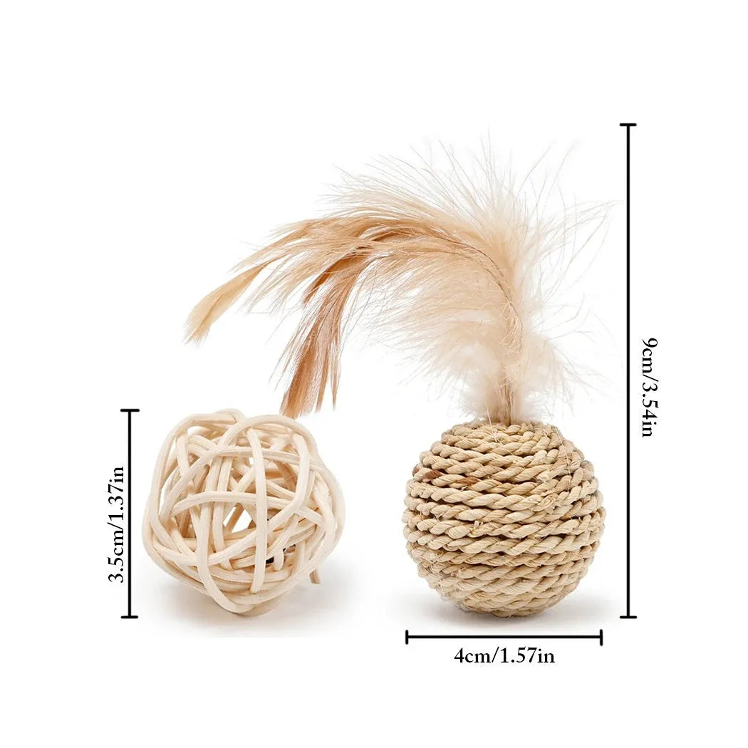 Cat toy set showing rattan ball and faux feather ball with bell for interactive play