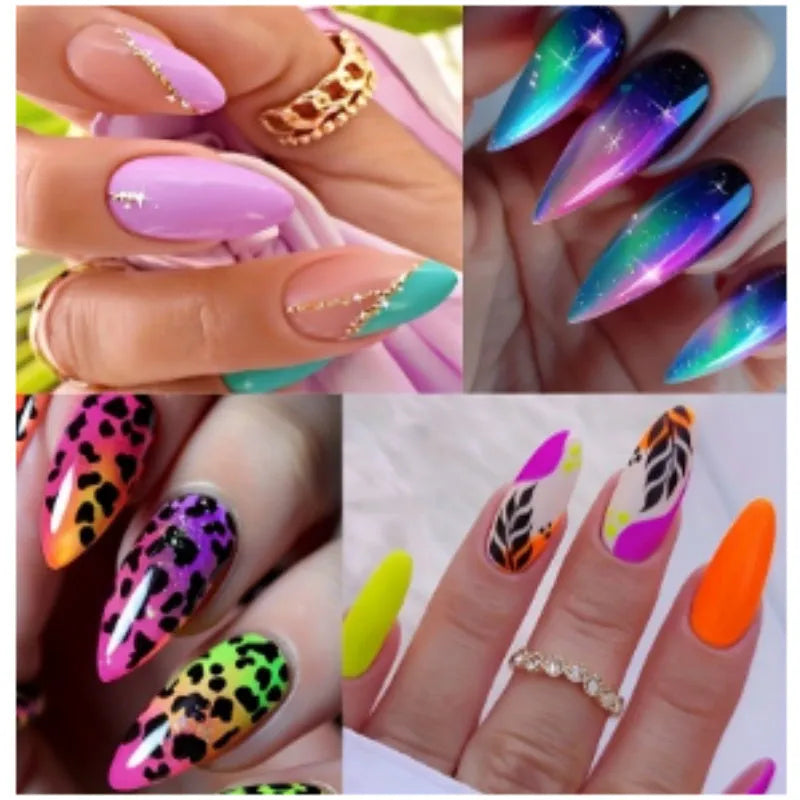 Wear Armour frosted finish nail stickers in medium almond shape showing four designs: French leaves, colourful plating, macarons, and leopard print.