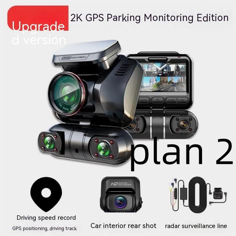 Multi-lens car dashboard camera with 2-inch screen and compact plastic housing for vehicle recording