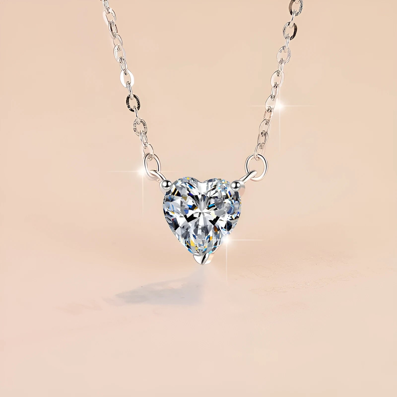 925 silver heart-shaped moissanite pendant necklace with cross chain on display