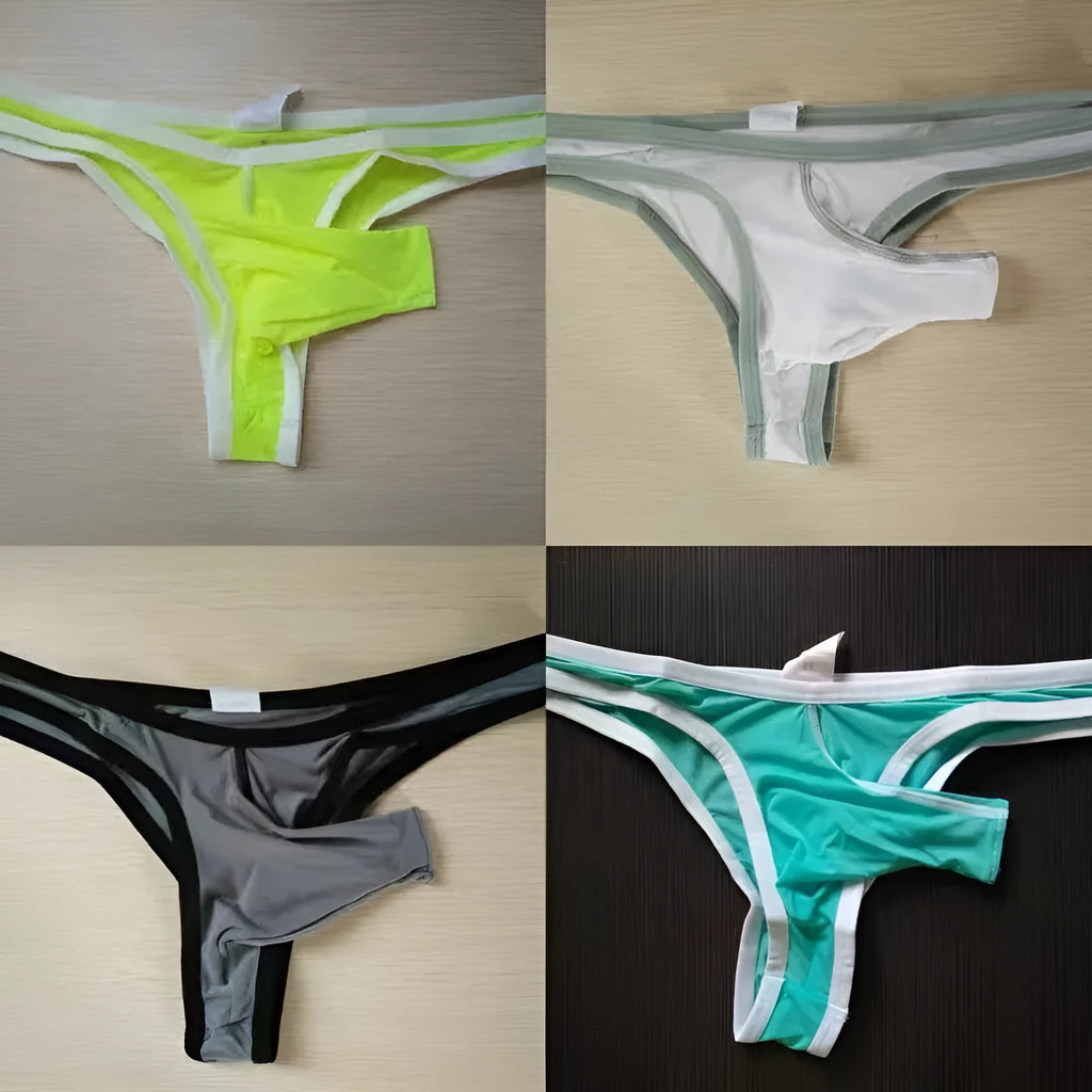 Men's Ice Silk nylon underwear briefs in elephant nose style on a colour selection background.