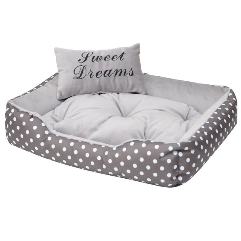 Polka dot printed square nest dog bed with removable embroidery pillow in grey, blue, pink, or red.