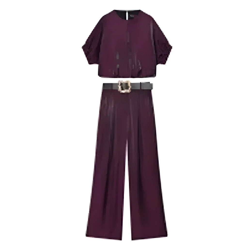 Women's balloon top with belt slacks suit in solid colour, blending polyester fabric