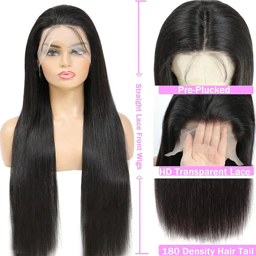 13x6 straight lace front human hair wig in black with natural styling