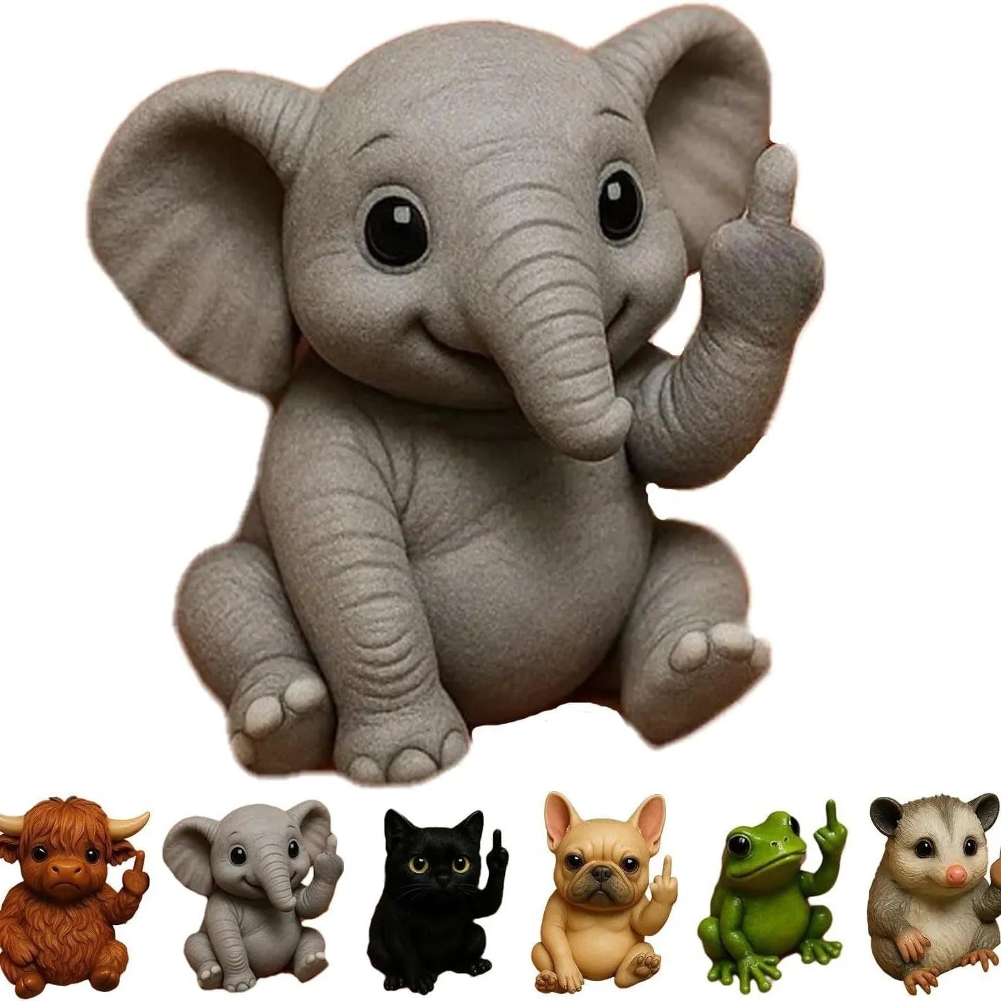 Resin animal vertical middle finger doll ornament in cat, dog, elephant, frog, Highland cattle, mouse, and turtle styles.