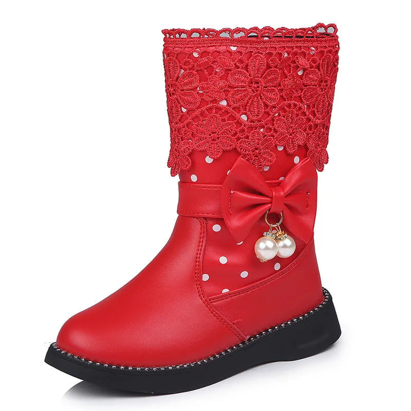Girls' bowknot pendant lace and velvet artificial leather shoes in black with rubber sole and lace fastening