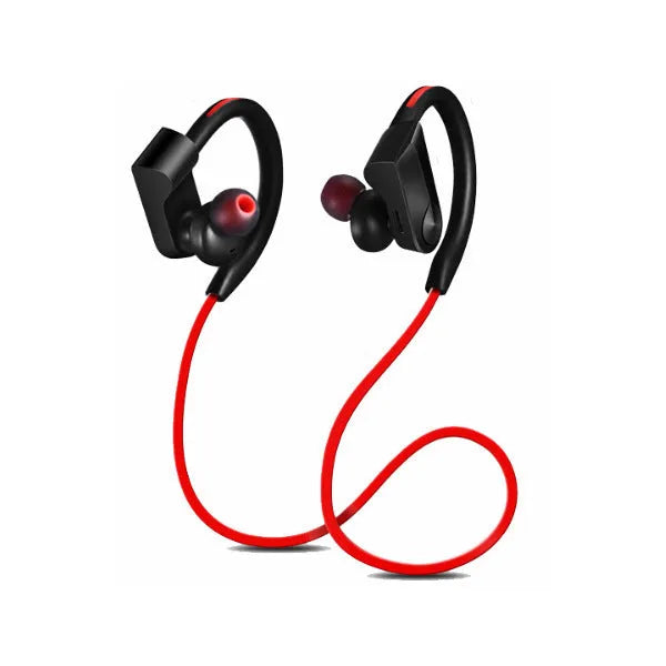 Black wireless Bluetooth neckband earphones with earpieces showing, placed next to a USB charging cable on a white background.