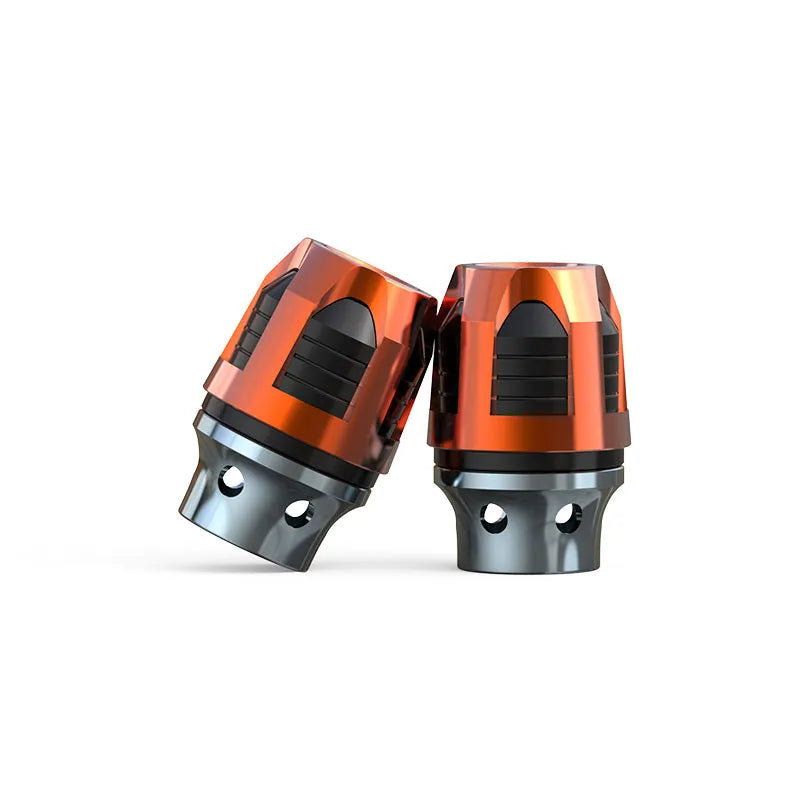 A pair of anodised aluminium fork cups for motorcycle and electric car front axles, shown in a selection of colours.
