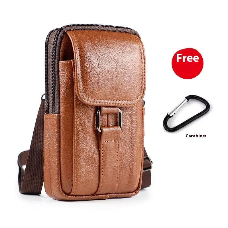 Men's black genuine leather waist crossbody bag with lock closure and vertical square design