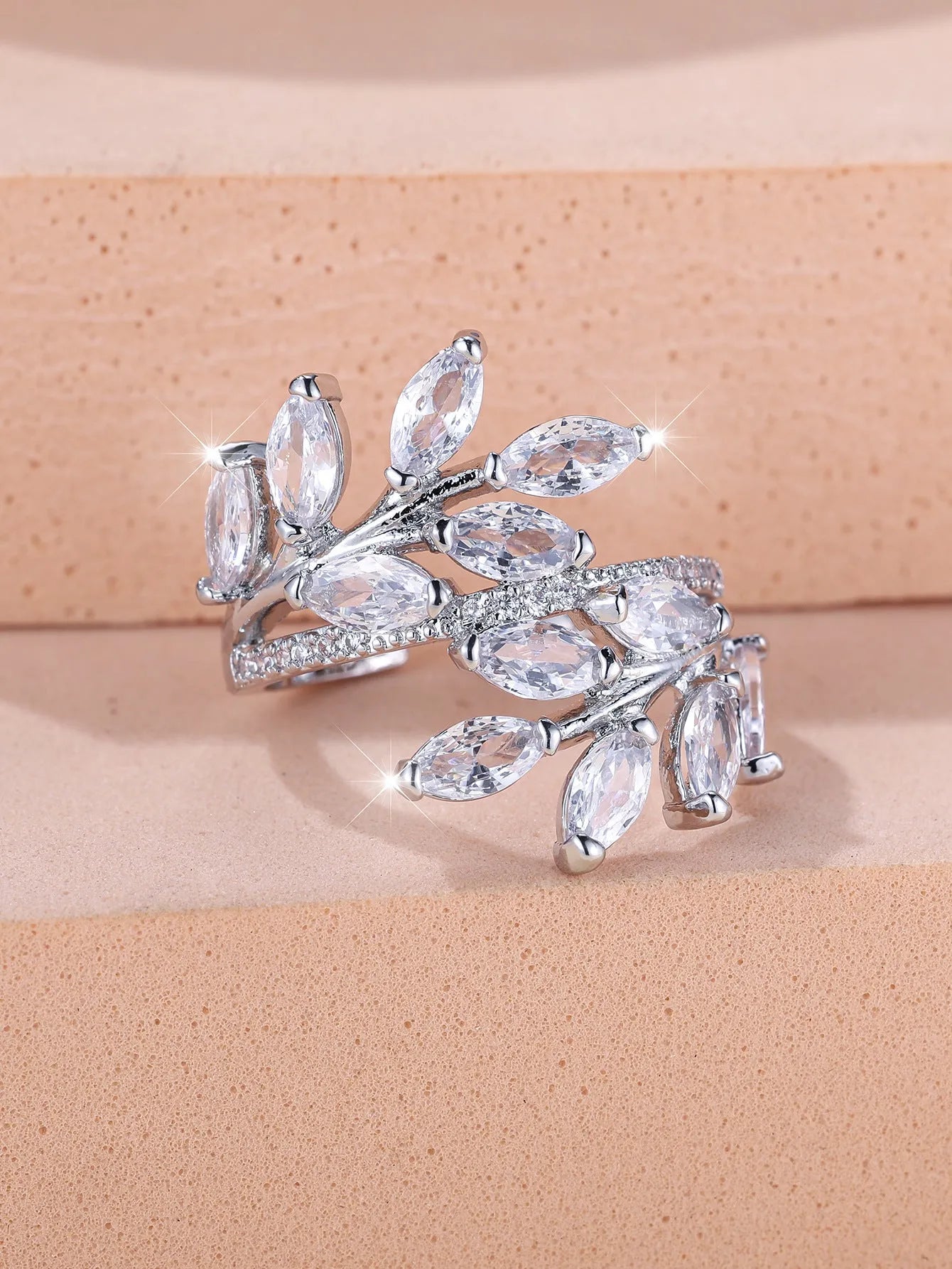 Adjustable copper ring with horse eye zircon stone and leaf design in multiple colour finishes