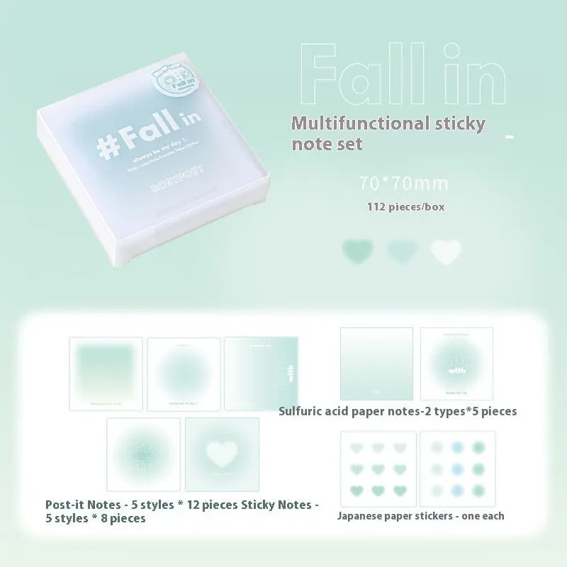 Square gradient parchment notepad with sticky notes and memo sheets in 70mm size.