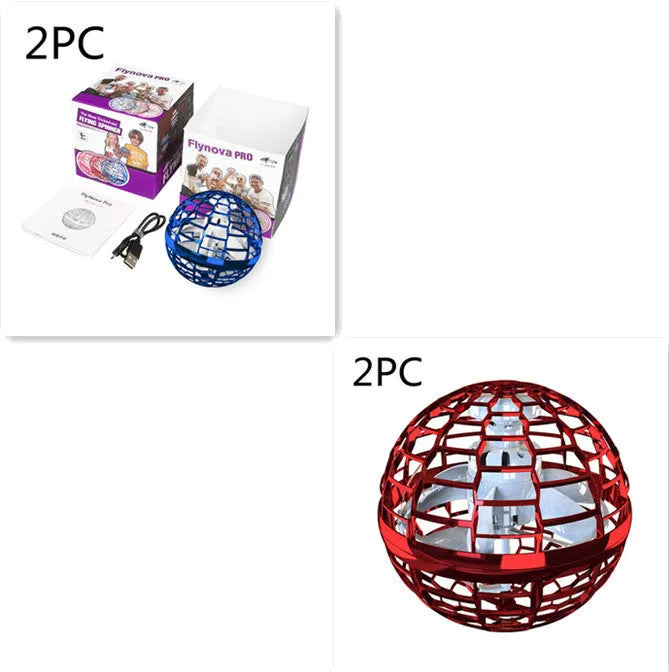 Blue flying ball toy with LED lights hovering above a child's hand next to a magic wand.