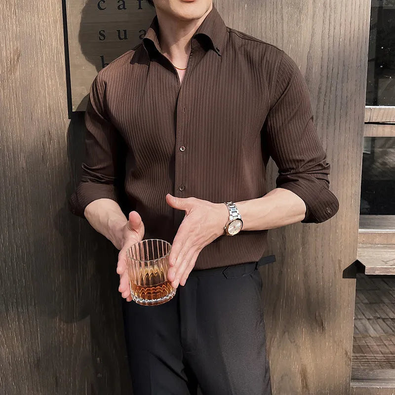 Men's black striped V-neck long sleeve shirt in regular fit cardigan style