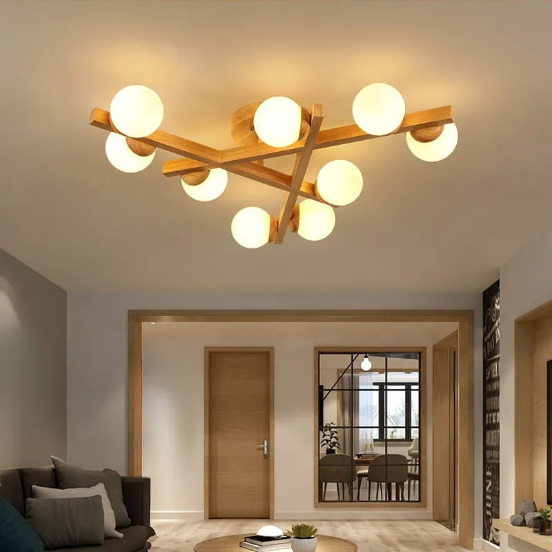 Nordic wooden style ceiling lamp with three adjustable light heads