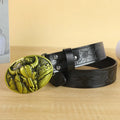 Men's black imitation leather belt with a metallic alloy cow head buckle and pin buckle fastening