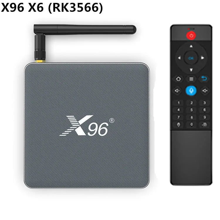 Android smart voice set-top box with remote control, HDMI cable, and dual band WiFi connectivity.