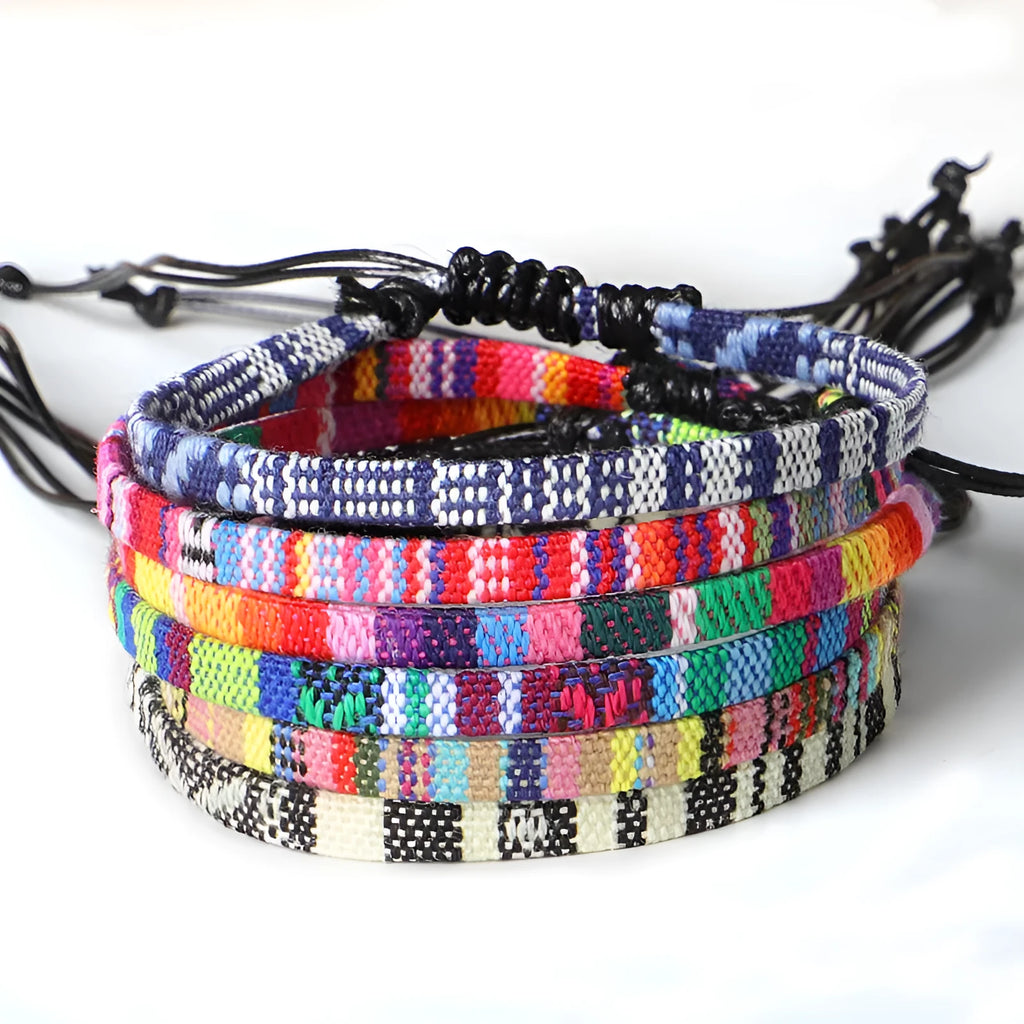 Hand woven rainbow colour cloth anklet with bohemian style on ankle