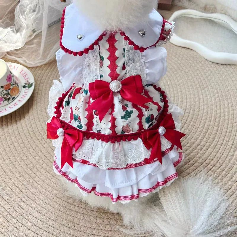 Polyester rabbit skirt dog clothes princess style costume on small dog showing chest and back measurements