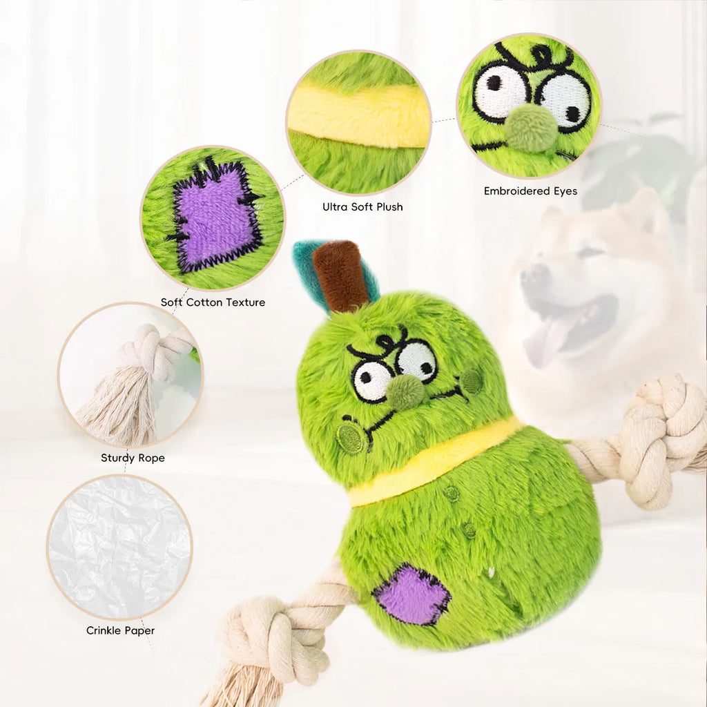Green and purple interactive dog toy with plush rope knot design and molar tooth texture for tug-of-war games