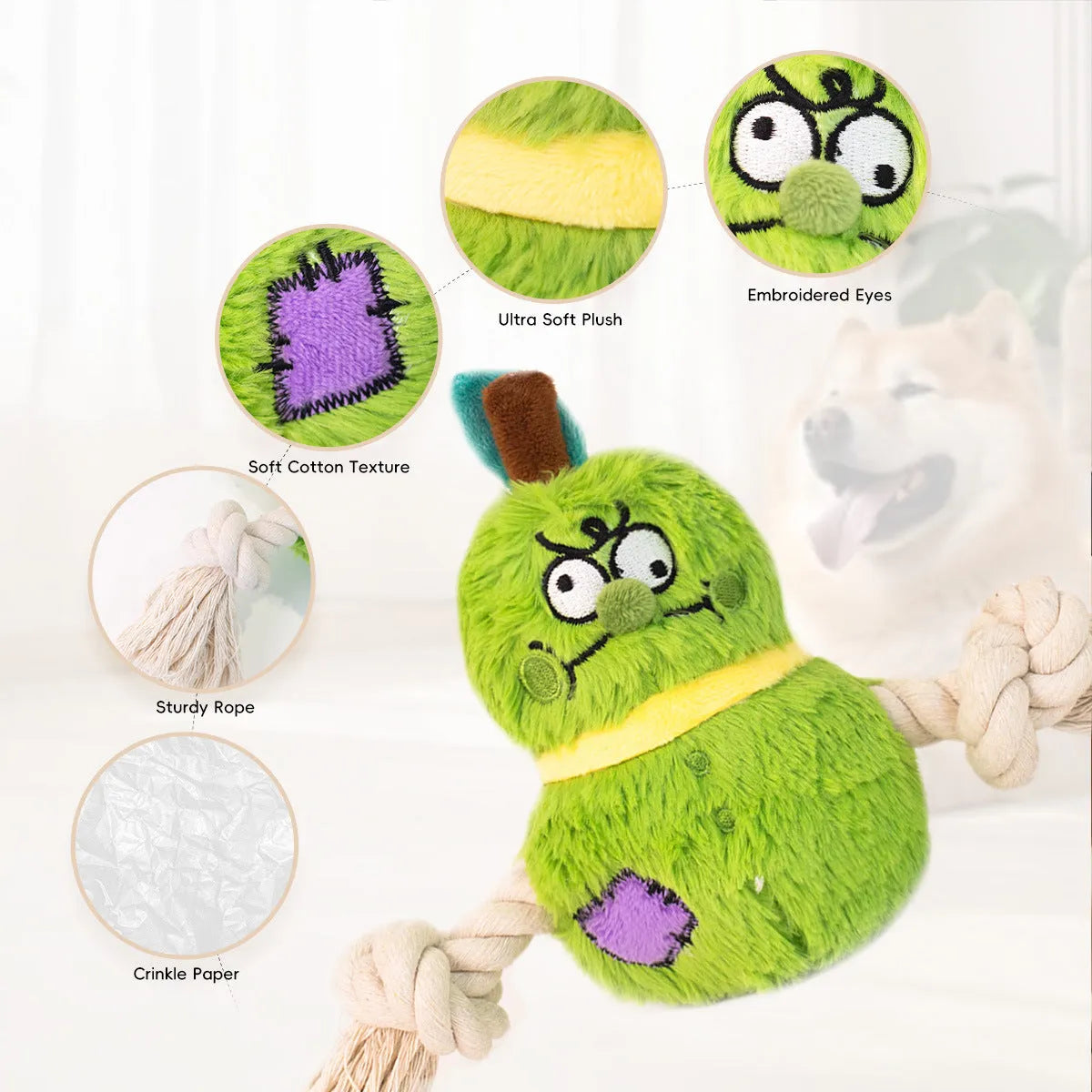 Green and purple interactive dog toy with plush rope knot design and molar tooth texture for tug-of-war games