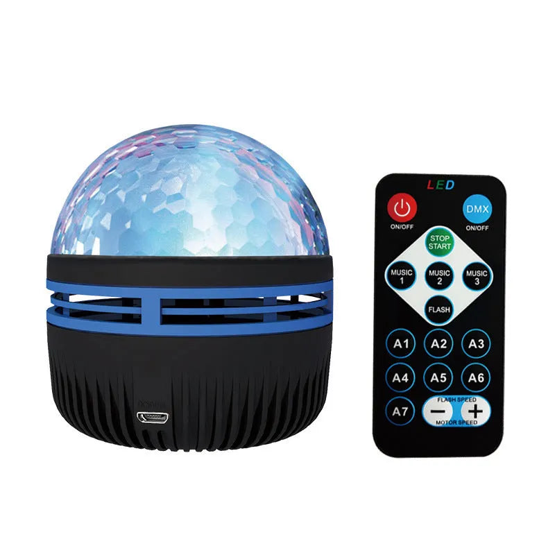 USB-powered LED galaxy projector lamp with rotating ball on a table, showing starry light projection.