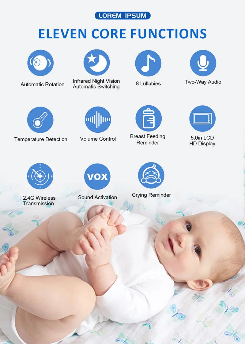 White 5-inch HD wireless baby monitor and camera on a nursery shelf.