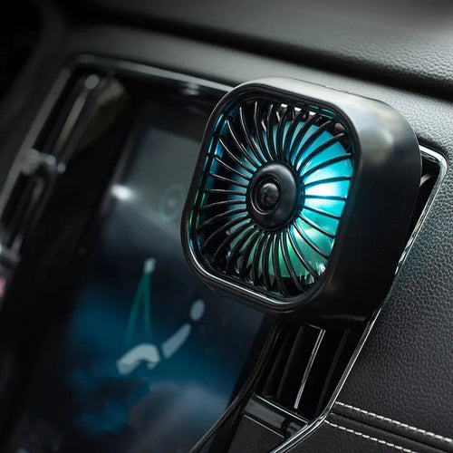 Black USB car fan with three speed buttons and compact design for vehicle use