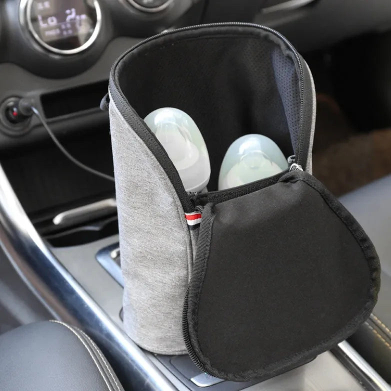 Grey Oxford cloth portable baby bottle warmer with digital display and car USB charger