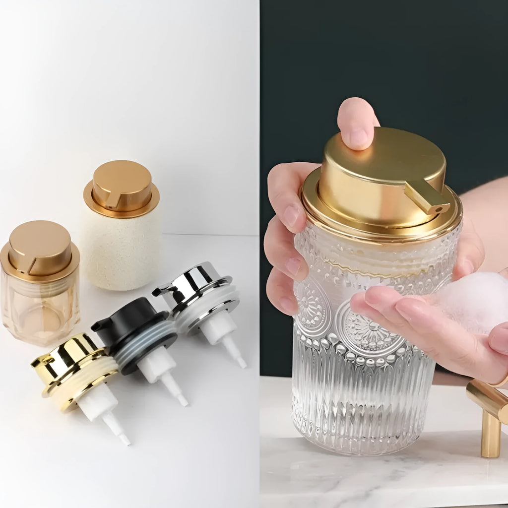 ABS plastic facial cleanser foam pump dispenser with large pump head in metallic finish
