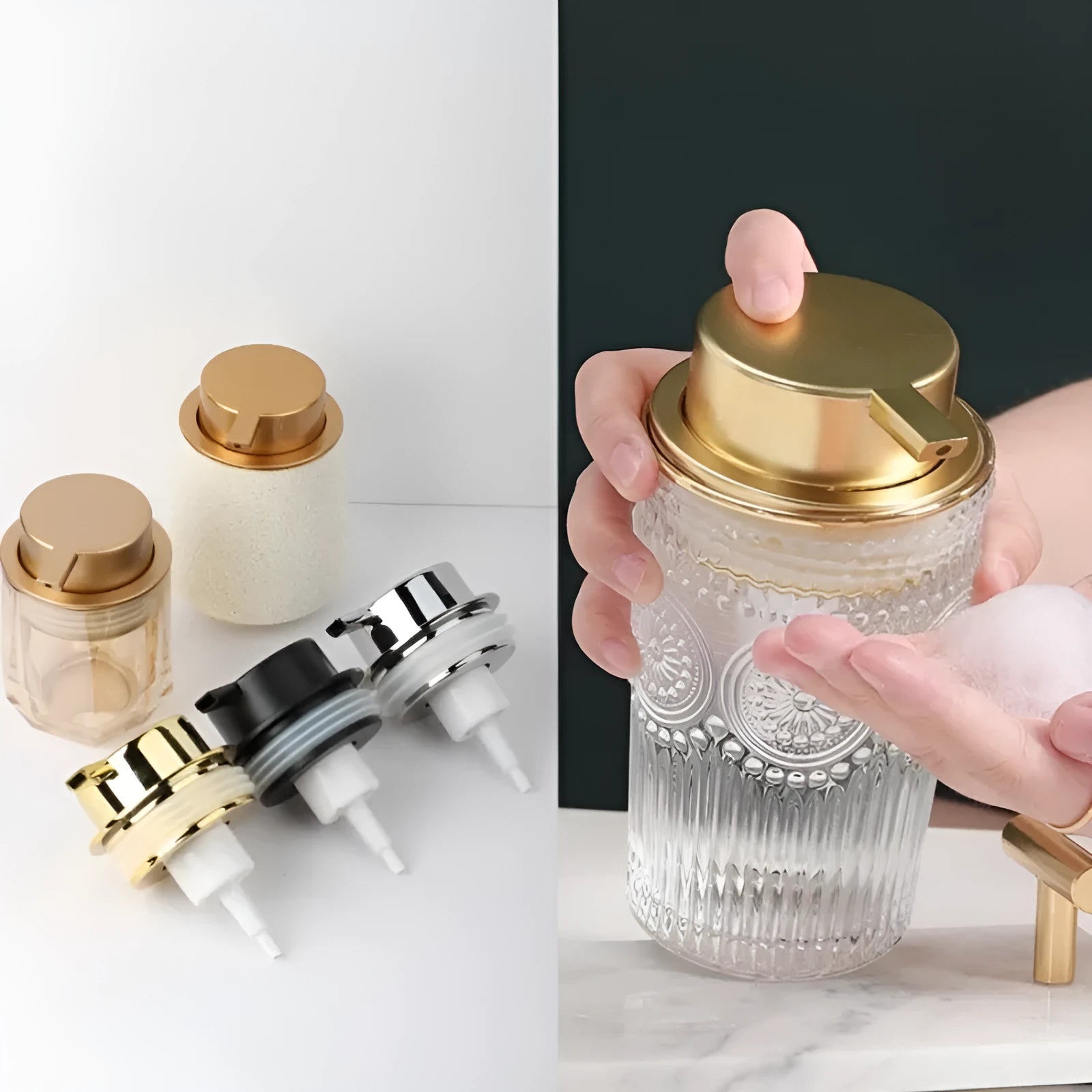 ABS plastic facial cleanser foam pump dispenser with large pump head in metallic finish