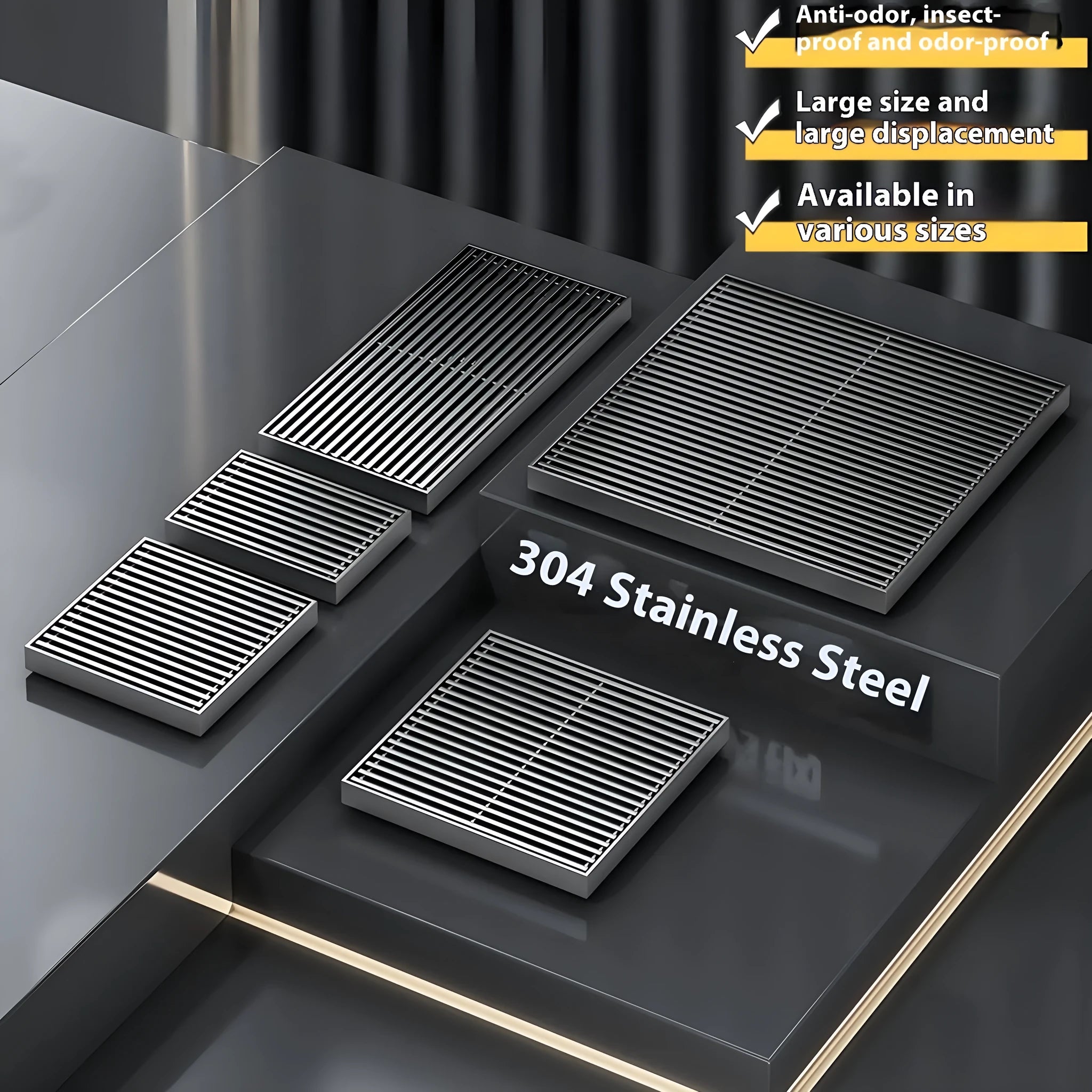 Gun grey 304 stainless steel courtyard floor drain grate measuring 15cm by 15cm.