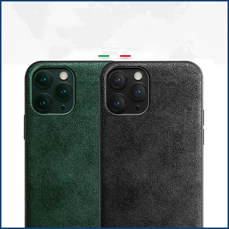 Suede full-cover iPhone back case shown in dark blue, dark night green, and elegant black colours.