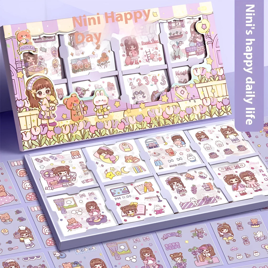 Box of colourful children's stickers with five different design themes for craft projects