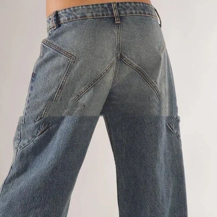 Women's loose straight wide leg cotton trousers in blue colour showing low-waist design and splicing detail