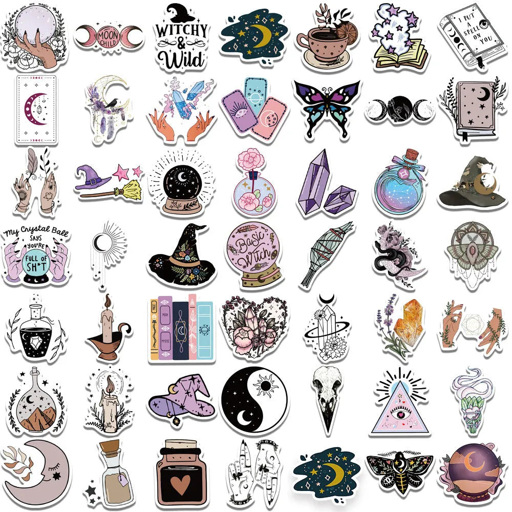 50-pack bohemian wizard graffiti stickers printed on PVC matte film, retro style, sizes 5-7cm